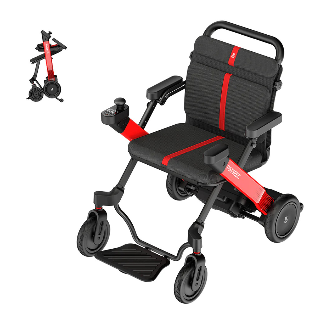 The Paiseec W1 2-in-1 Electric Wheelchair, weighing just 42 lbs, features a joystick control on the armrest and sleek black/red accents. Its shown in both its unfolded and compact folded states for easy transport.